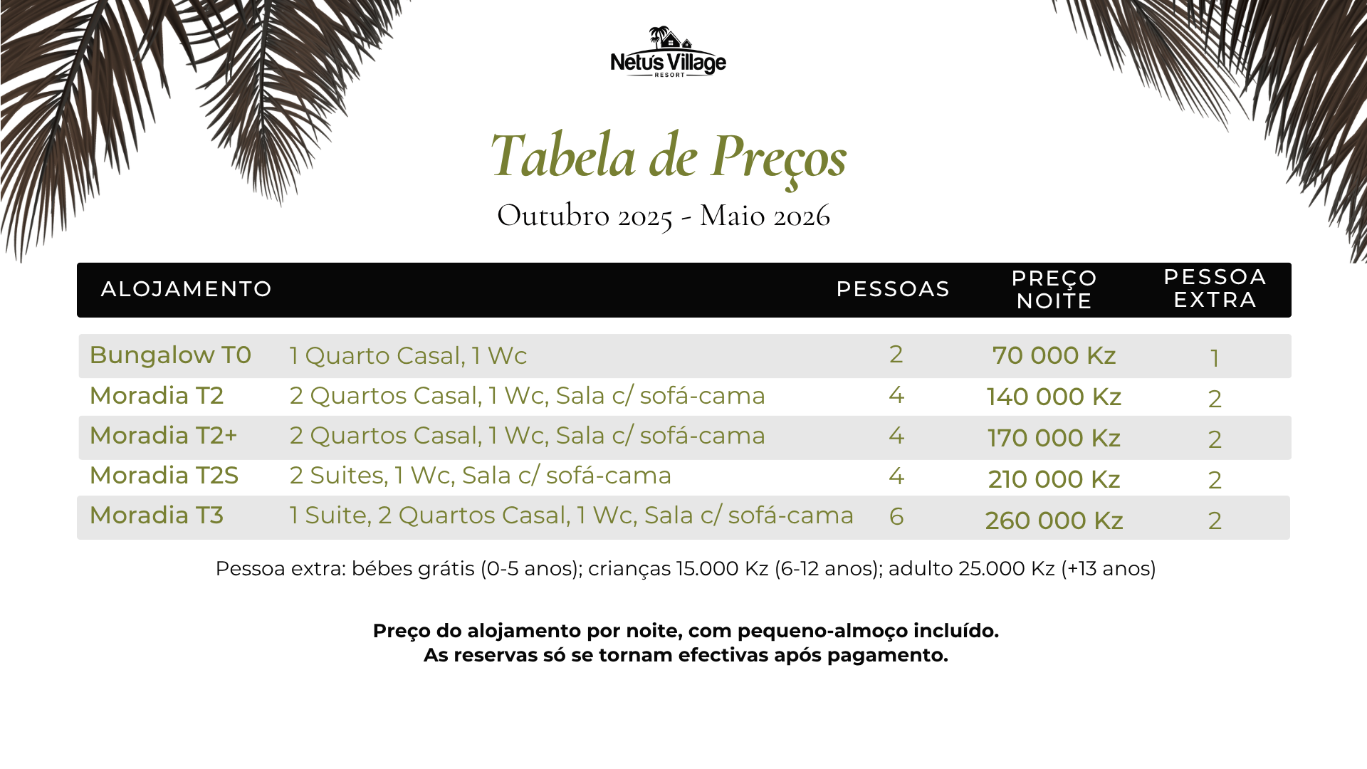 Tabela de preços Netu's Village Resort Outubro 2025 - Maio 2026